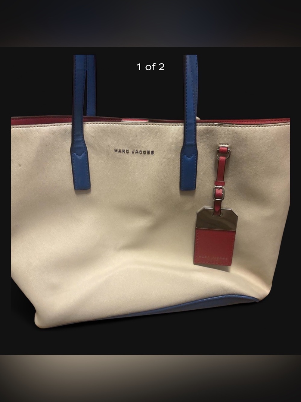 Marc Jacobs Cream Tote with Blue Trim and Red Tag